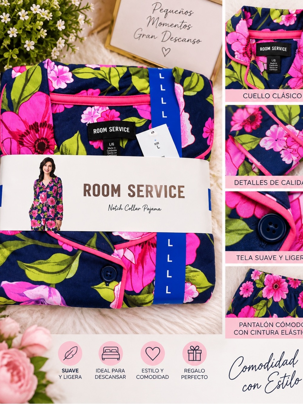 Room Service Navy Floral Notch Collar Pajama Set with Pink & Green Print